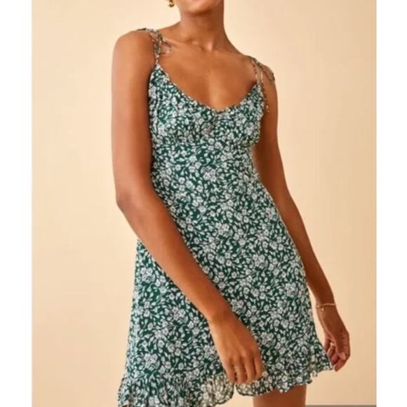 Reformation Esther Green Floral Mini Dress Ruffle Scoop Neck Adjustable Straps 0 - Picture 1 of 14